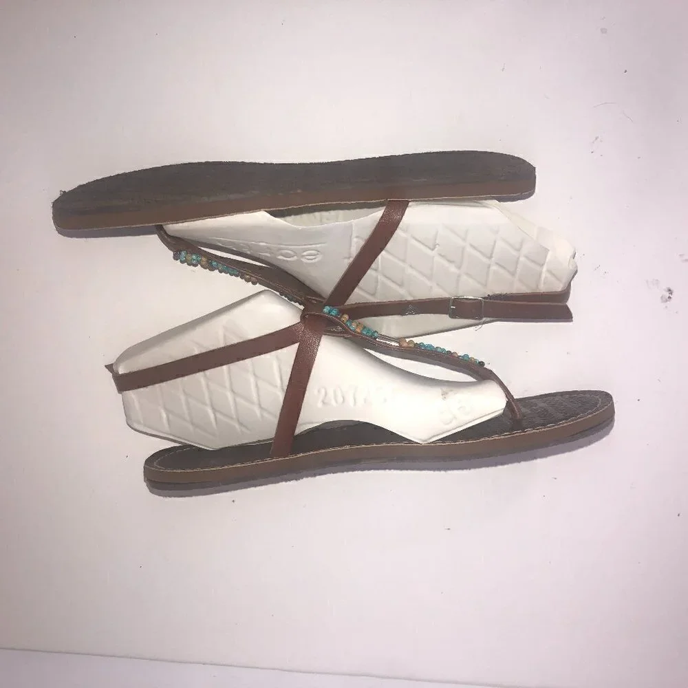 Roxy Sandals T-Strap Women's Size 7/7.5 Brown Multicolor Beading Leather